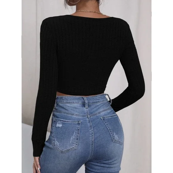 Square Neck Ribbed Knit Crop Tee long sleeve minimalist y2k black - Picture 2 of 6
